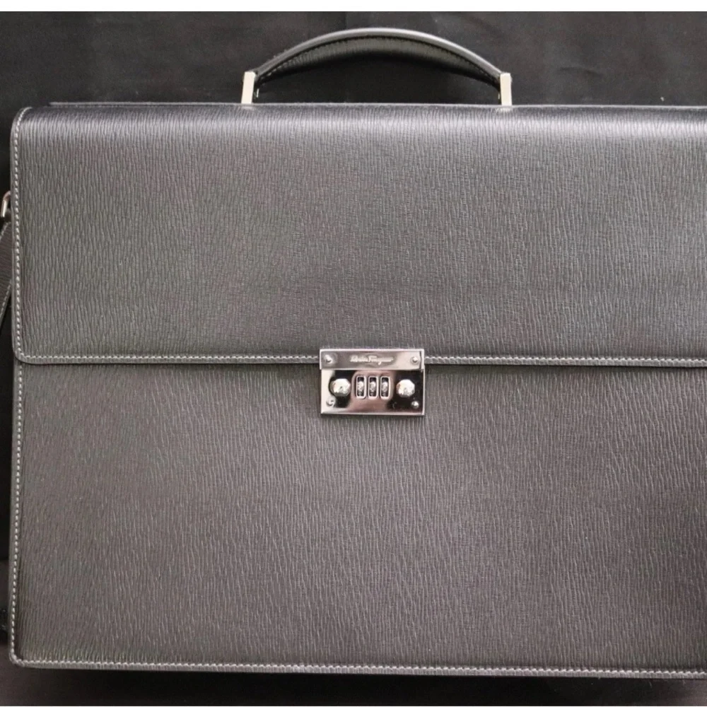 Salvatore Ferragamo black pebble calf Leather Briefcase